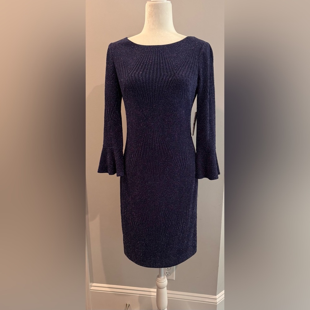 Blue Ribbed Sheath Dress with Bell Sleeves
